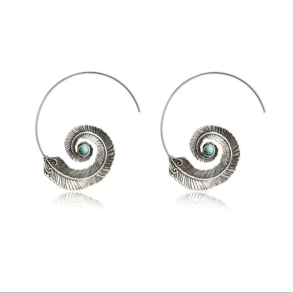 Medium Silver Feather Spiral Earrings in Red or Turquoise Blue #686